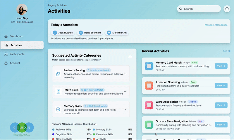 Activity page interface showing detailed activity management