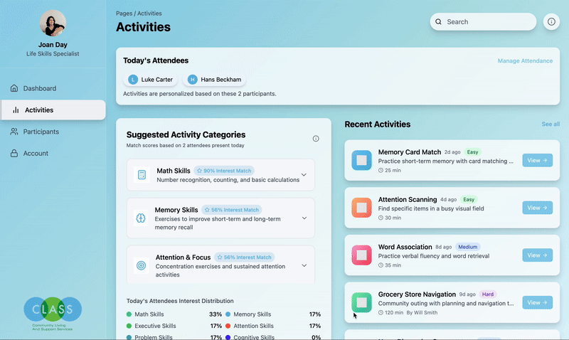 Activity suggestions interface showing filtered activity recommendations