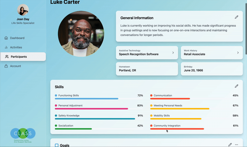 Profile interface showing participant details and skills tracking