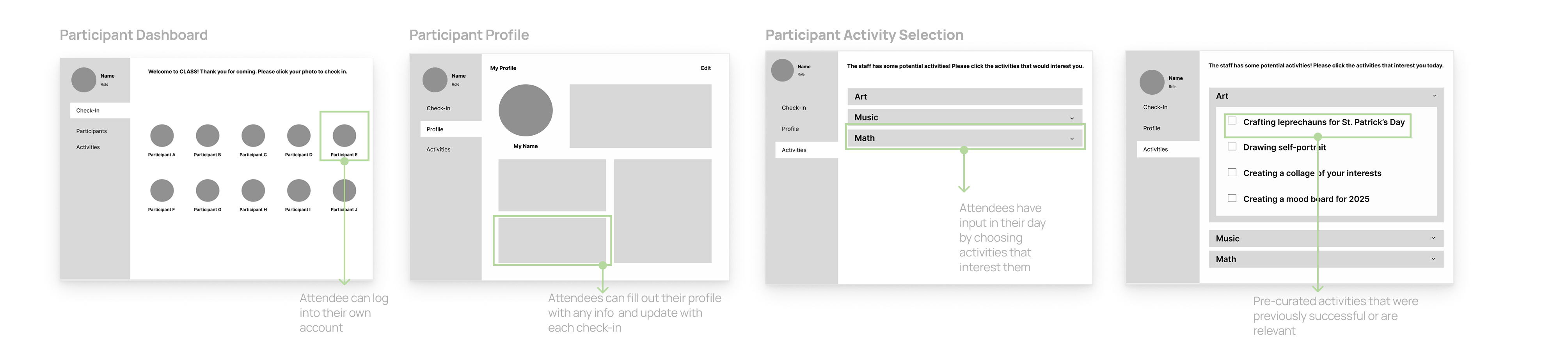 Participant-facing lo-fi prototype screens